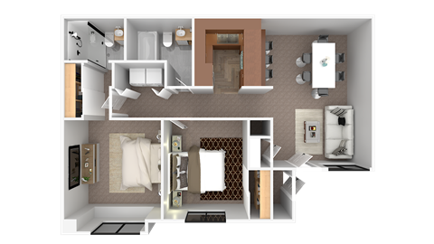 a rendering of a bedroom with a bathroom and a living room